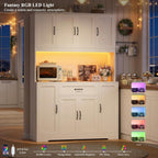 HITHOS 70" LED Kitchen Pantry Cabinet with Charging Station, 47" Wide Pantry Storage Cabinet with Large Microwave Stand, Modern Kitchen Hutch with Drawers and Cabinets for Dining Room, White