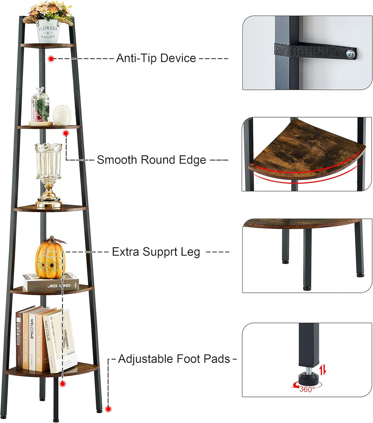 Hoctieon Corner Shelf, 5-Tier Corner Bookshelf, Rustic Ladder Shelf, Industrial Display Stand for Living Room, Kitchen, Home Office, Balcony, Small Space, Metal Frame, Rustic Brown