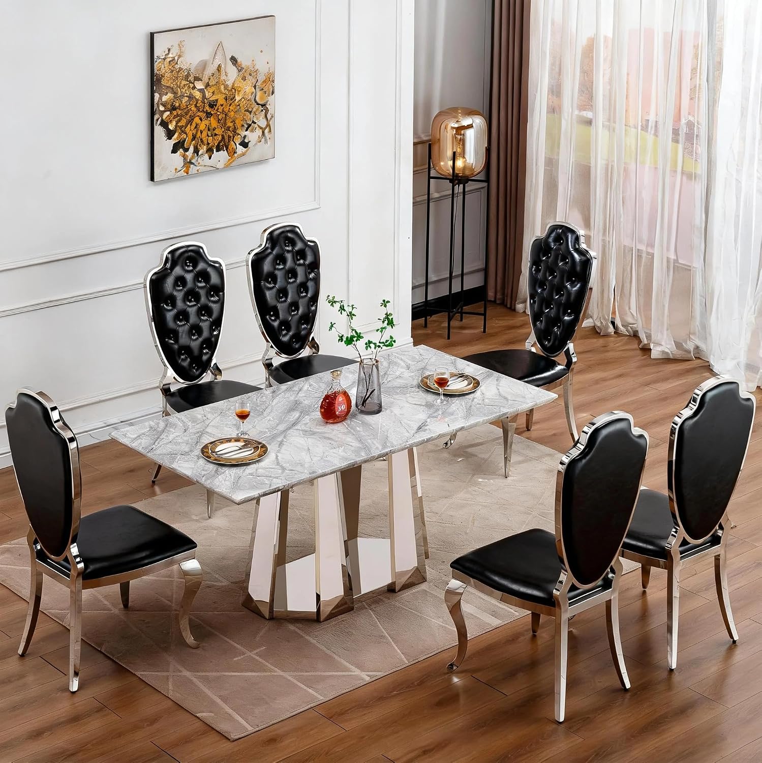 70" Rectangle Faux Marble Luxury Grey Dining Table for 6-8 People, Modern Large Kitchen Table with Silver Mirrored Stainless Steel Leg Base, Dining Table for Dining/Living Room, Office (One Table)