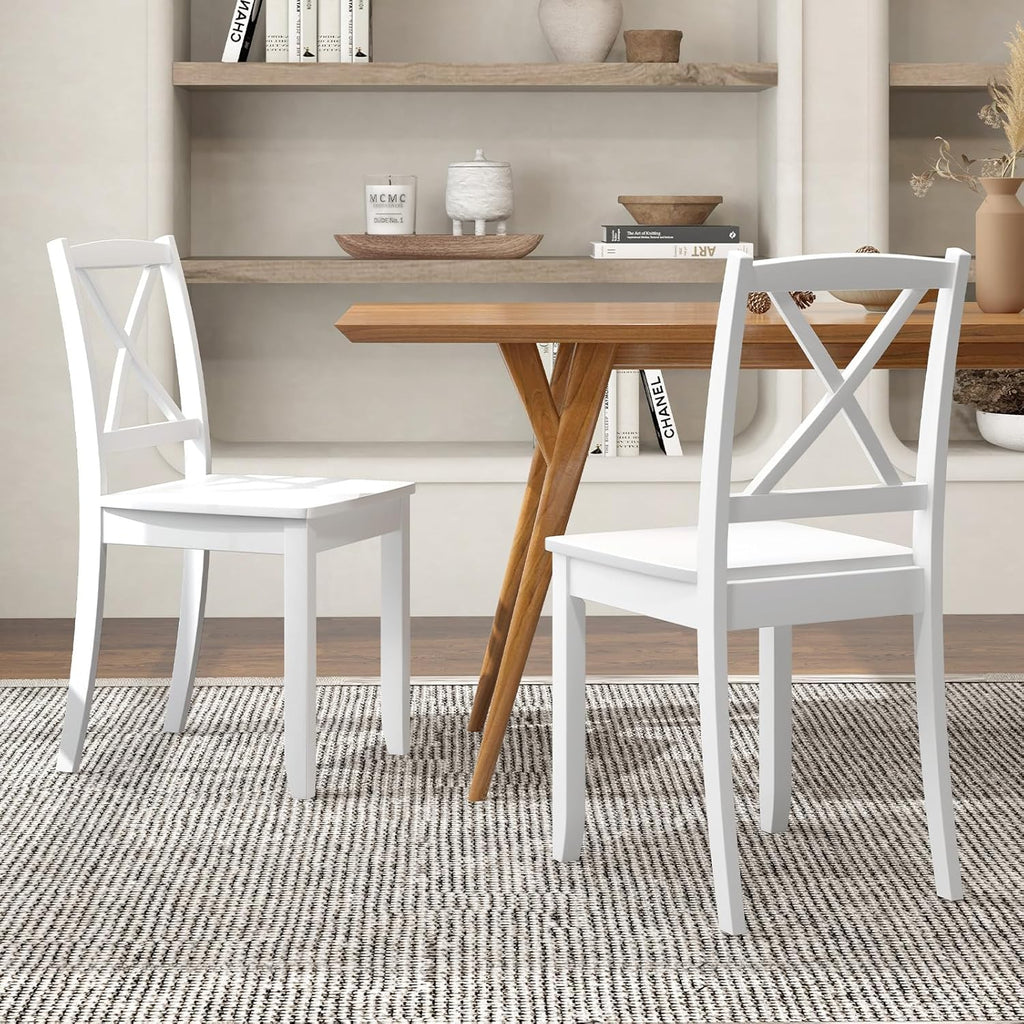 GOFLAME Dining Chairs Set of 4, Kitchen Chairs with Rubber Wood Legs & Cross Back, Farmhouse Armless Dinette Chairs for Dining Room, Living Room, Restaurant, 400 LBS Load Capacity, White