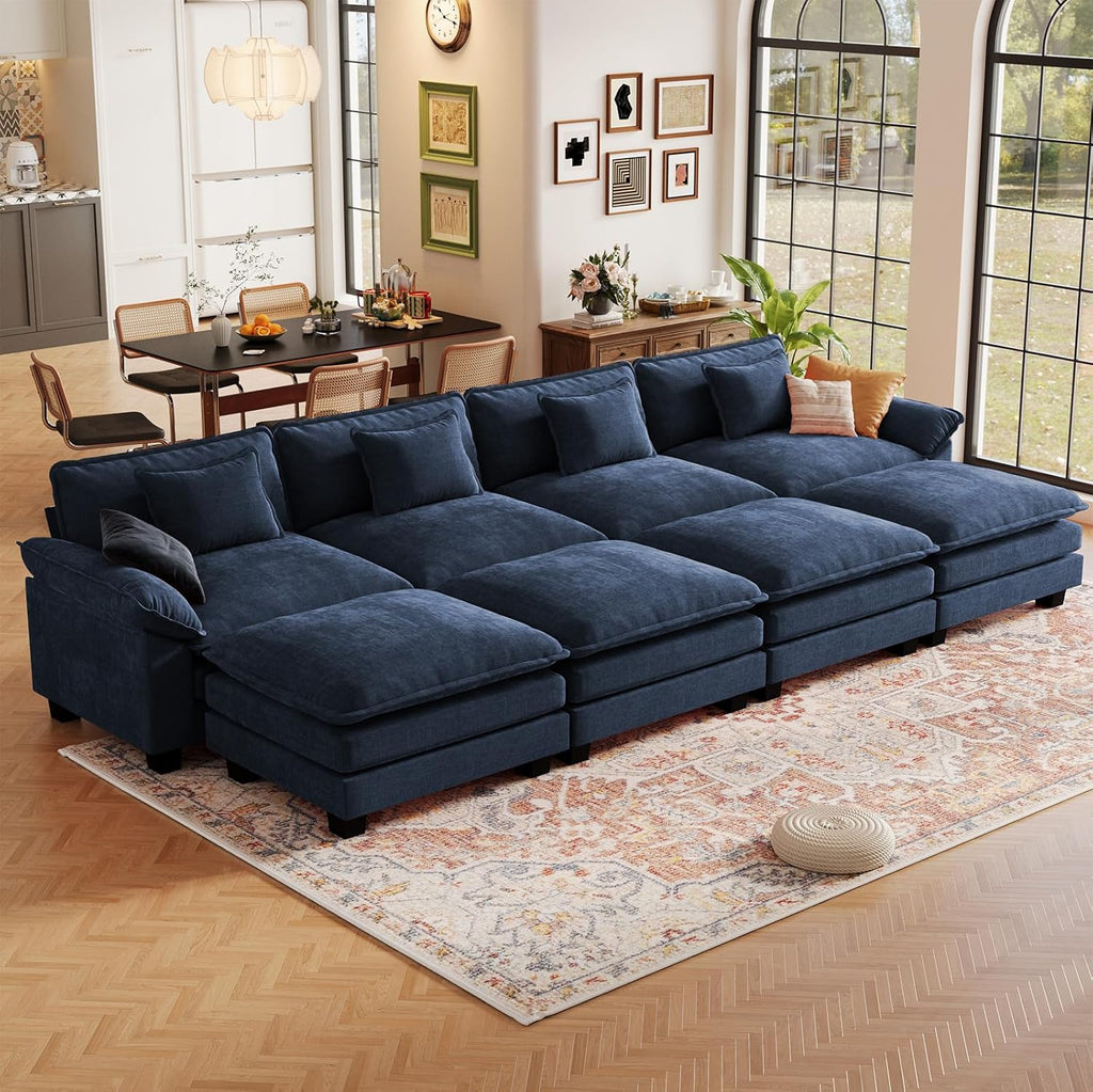 CDCASA 154" Modular Sectional Sofa, Comfy Cloud Couch with 4 Movable Ottomans, Oversized 8-Seater Chenille Deep Seat Sofa Bed for Living Room,Bedroom, Blue