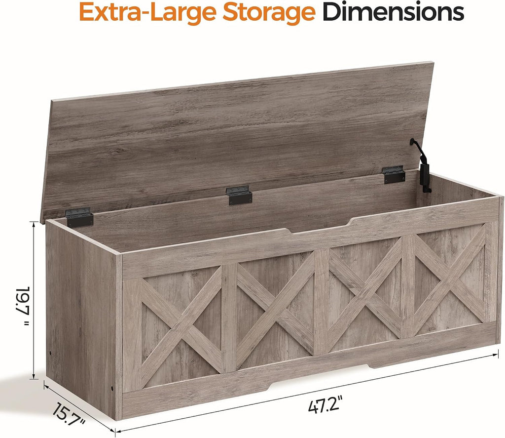 Homleke 47.2" Extra-Large Wooden Storage Chest, Farmhouse Storage Bench | with Safety Hinge, Easy Assembly, for Bedroom, Living Room & Entryway, Greige