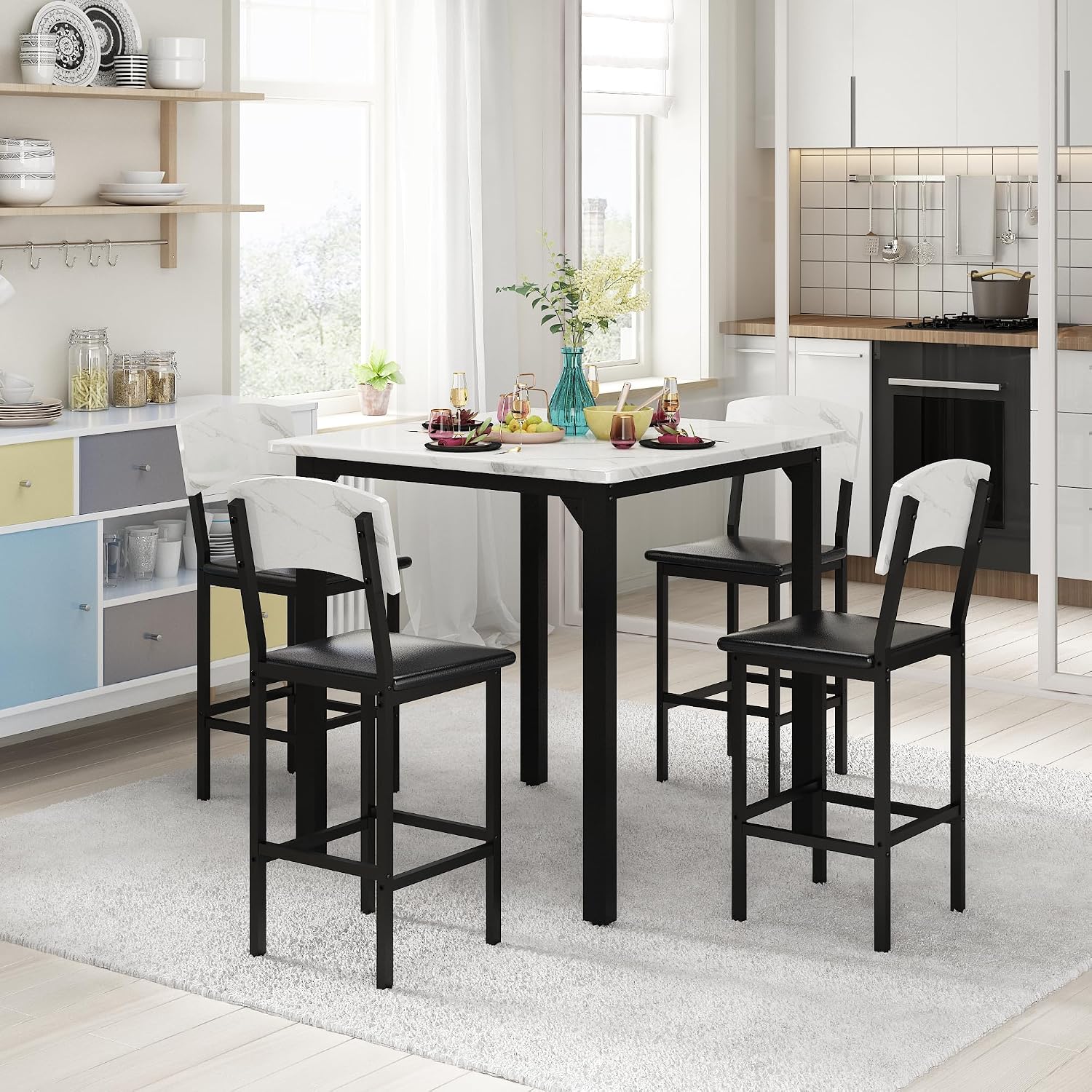 AWQM 5-Piece Dining Table Set, Kitchen Table Set for 4 (White) | Counter Height Table & 4 Upholstered Bar Stools, Compact Dining Set for Small Spaces, Dining Room, Kitchen，Easy to Assemble