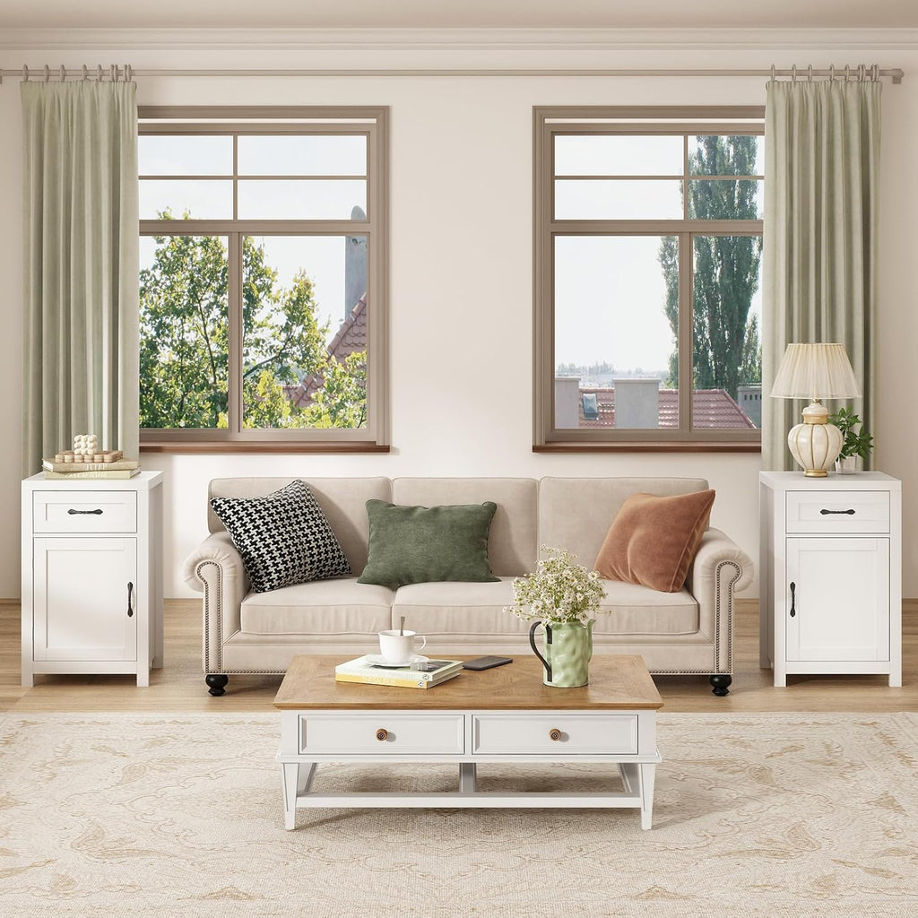 CARPETNAL Night Stand Nightstand with Drawer Storage Bed Side Table End Table Large Modern Wood Wide Bedside Stand Mid Century Night Stands for Bedroom Living Room Sofa Couch Home Office (White)