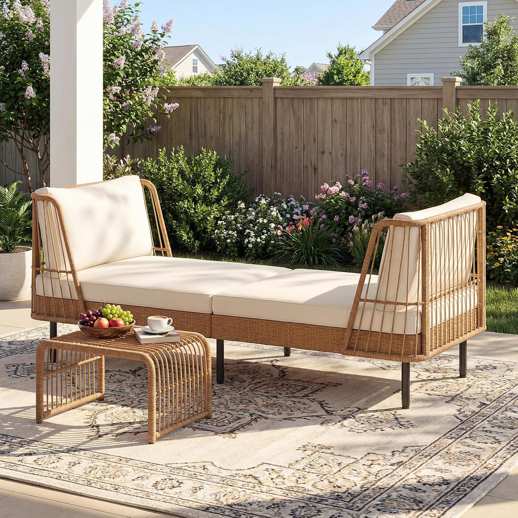 HAPPYGRILL Outdoor Wicker Daybed, Rattan Patio Couch Sofa Bed with Armrests, Cushions & Pillows, Boho 2-Seater Lounge for Porch, Backyard, Garden, Poolside (1)
