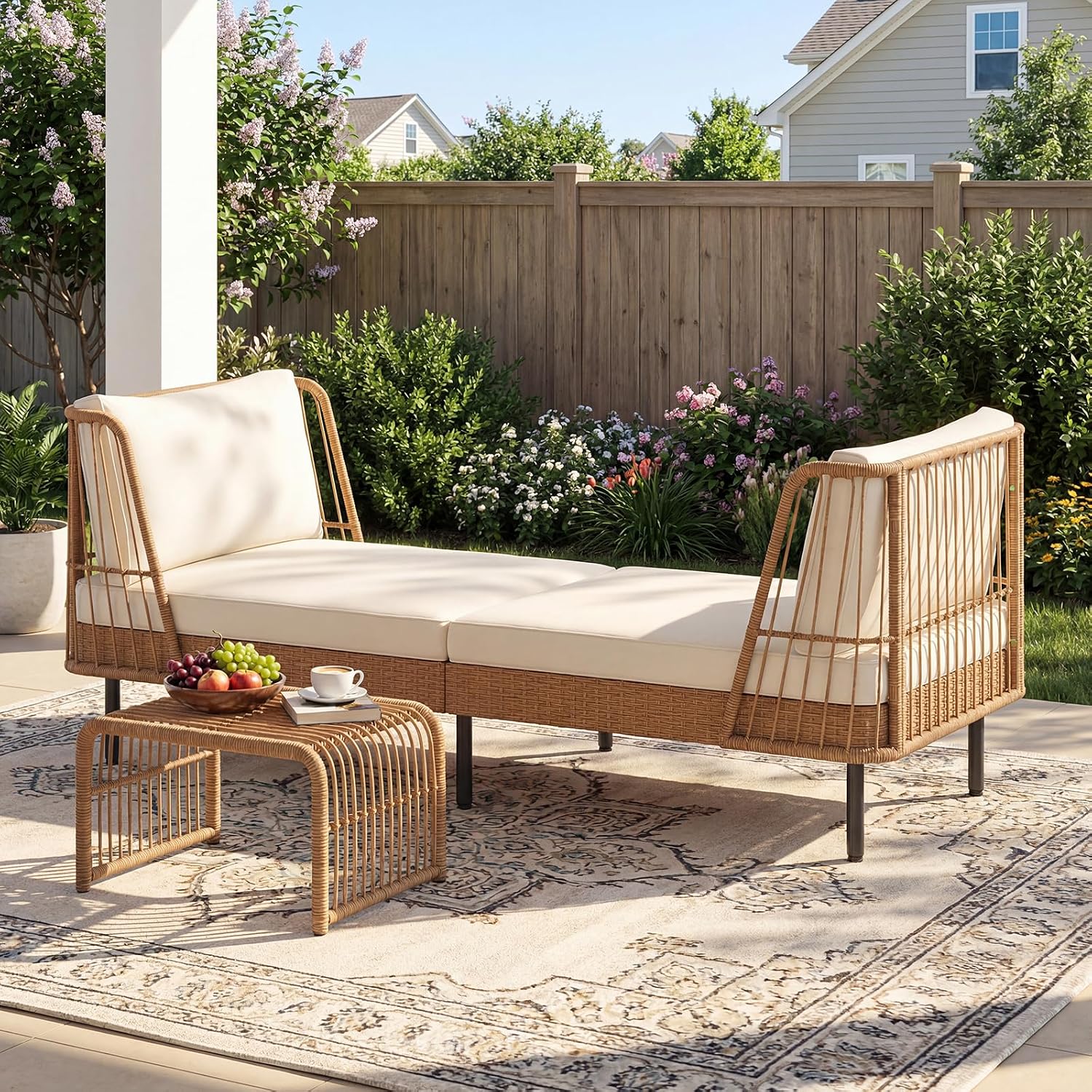 HAPPYGRILL Outdoor Wicker Daybed, Rattan Patio Couch Sofa Bed with Armrests, Cushions & Pillows, Boho 2-Seater Lounge for Porch, Backyard, Garden, Poolside (1)