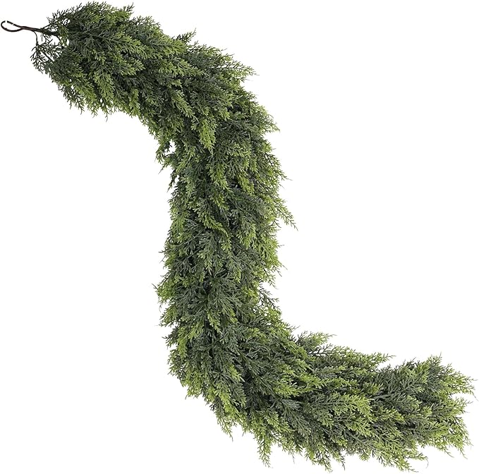 Christmas Cedar Garland - 9ft Artificial Cedar Garland Faux Lush Green Fake Pine Needles for Fireplace,Table,Window,Stairs,Mante,Holiday Indoor Outdoor Xmas Decor(2PCS)