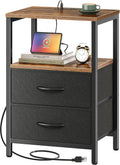 Huuger Nightstand with Charging Station, Side Table with Fabric Drawers, End Table with Open Shelf, Bedside Table with USB Ports and Outlets, Night Stand for Bedroom, Rustic Brown and Black