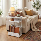 Narrow Side Table,3-Tier Slim End Table with Storage Shelf,Modern Sofa Table Thin Side Table for Narrow and Small Spaces, Skinny Bedside Table Small Nightstand with Magazine Rack Space Saving/White