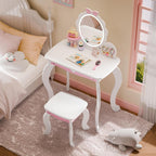 MU Kids Vanity Set with Lighted Mirror and Stool, Kids Makeup Vanity Desk with Storage Space, Bow Pattern for Girls, Toddler Princess Makeup Dressing Table with Chair Set, White