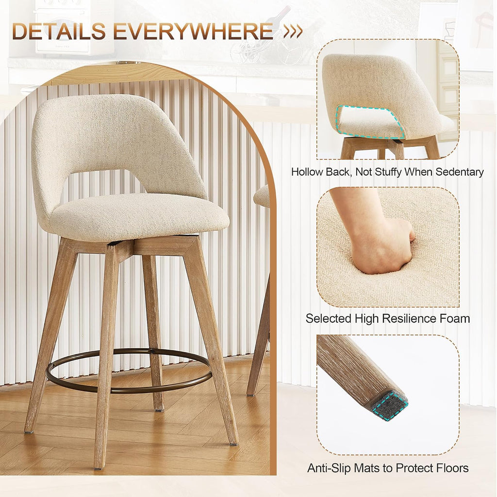 Zesthouse Swivel Bar Stools Set of 2, Wood Counter Height Chairs with Backs | 26" Wooden Bar Stools with Distressed Solid Wood Leg, Upholstered Linen Fabric Barstools, Vintage Kitchen Island Chair, Beige