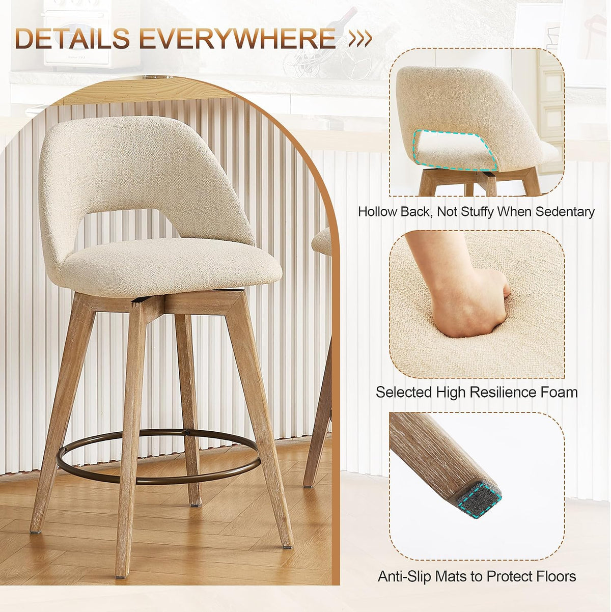 Zesthouse Swivel Bar Stools Set of 2, Wood Counter Height Chairs with Backs | 26" Wooden Bar Stools with Distressed Solid Wood Leg, Upholstered Linen Fabric Barstools, Vintage Kitchen Island Chair, Beige