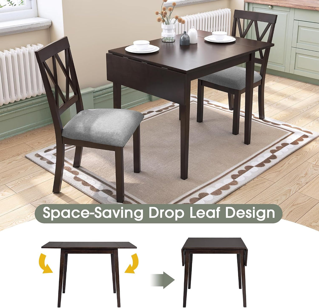 5 Piece Kitchen Dining Set with Drop Leaf, Dining Table and 4 Dining Upholstered Chairs, Dining Room Set for Small Places, Espresso