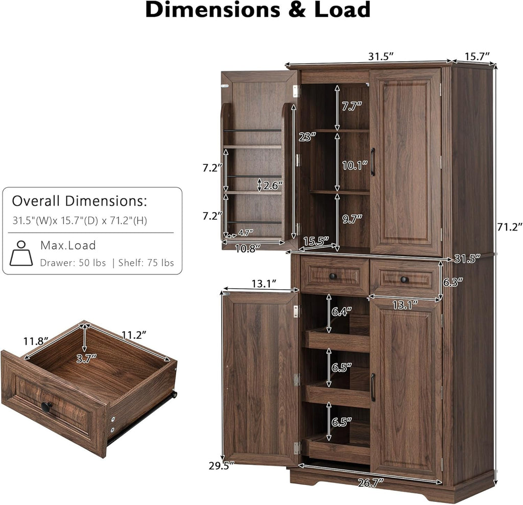 71" Tall Kitchen Pantry Cabinet, Freestanding Storage Cupboard with 3 Pull-Out Organizers, 6 Door Shelves & 2 Drawers, Embossed Texture Finish, for Kitchen Dining Room (Brown 4 doors 2 drawers +MDF)