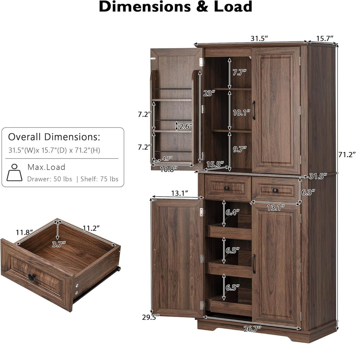 Merax 71" Tall Kitchen Pantry, Farmhouse Storage Cabinet with 6 Door Shelves, 2 Drawers and 3 Adjustable Shelves, Freestanding Rustic Wood Cupboard for Kitchen, Dining Room, Brown