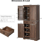 71" Tall Mid-Century Modern Kitchen Pantry with 3 Pull-Out Cabinets & 2 Drawers, Farmhouse Storage Cabinet with 6 Door Shelves & 2 Adjustable Shelves, Freestanding Cupboard for Dining Room ,Brown