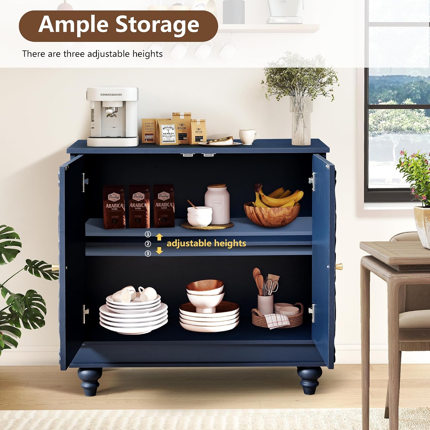 weselon Accent Cabinet with 2 Doors, Luxury Carving Board Storage Sideboard with Adjustable Shelves, Buffet Cabinet Entryway Table for Living Room (Midnight Blue)