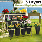 Flower Display Stand 3 Layers with Buckets, 12 PCS Buckets Plant Stand with Wheels, Movable Metal Plant Stand for Terrace Garden, Living Room, Florist Shop