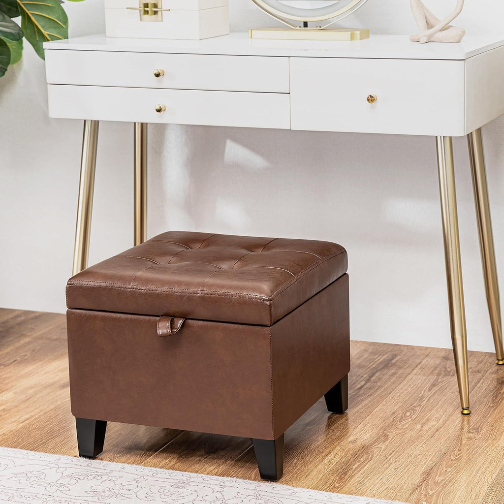 Asense 17 Inch Storage Ottoman Foot Rest,Square Faux Leather Foot Stool,Small Ottoman with Storage,Padded Seat for Entryway,Living Room,Bedroom,Couch,Under Desk,Coffee