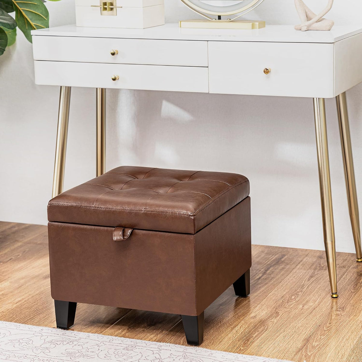 Asense 17 Inch Storage Ottoman Foot Rest,Square Faux Leather Foot Stool,Small Ottoman with Storage,Padded Seat for Entryway,Living Room,Bedroom,Couch,Under Desk,Coffee