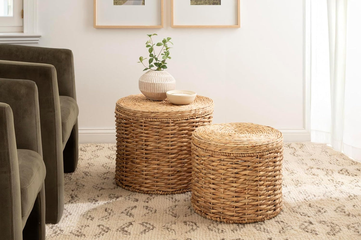Kate and Laurel Halm Modern Woven Rattan Round Storage Side Tables, Set of 2, 20 x 17 and 16 x 14, Natural Rattan, Lift-Top End Tables for Use as Hidden Storage Baskets or Small Ottoman Tables