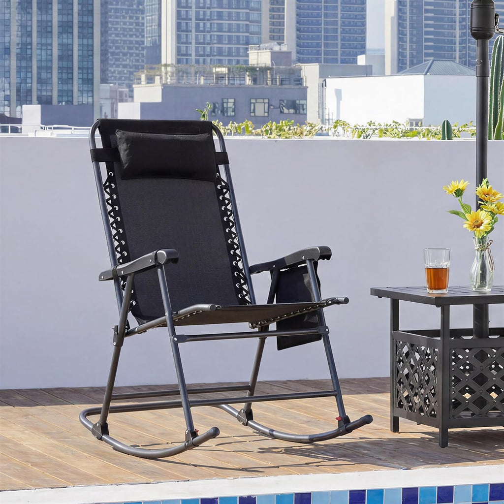 Yaheetech 26in Rocking Chair Outdoor Zero Gravity Folding Chairs Rocking Chairs Foldable Outdoor Reclining Lounge Chair for Outside Lawn with Cupholder/Pillow Ergonomic Design for Rest, Black