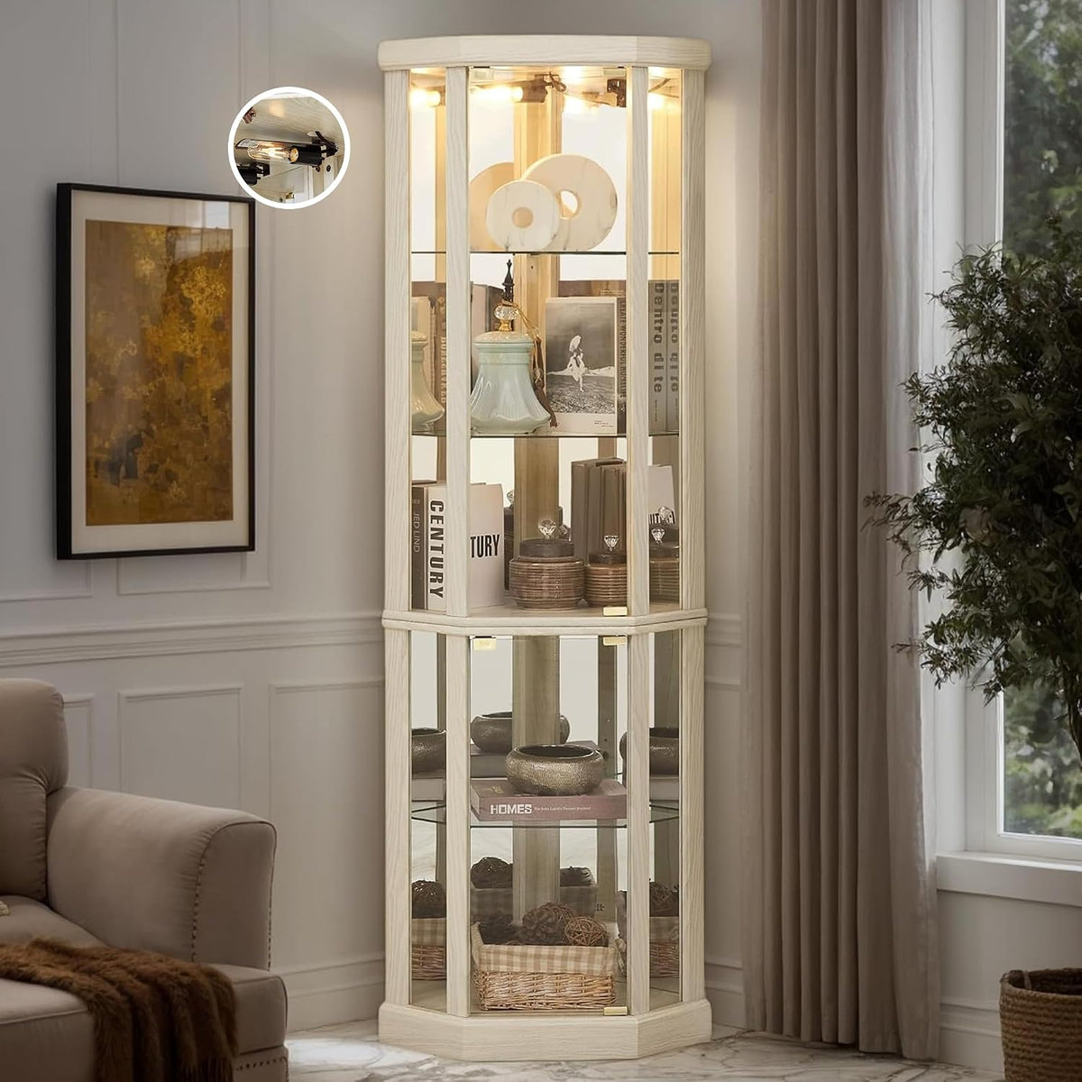 Corner Curio Cabinet, 70" H Lighted Glass Display Cage with Tempered Glass Doors and 5 Adjustable Shelves, Light Bulb Inclued, Wine Bar China Cabinet for Living Room (White)