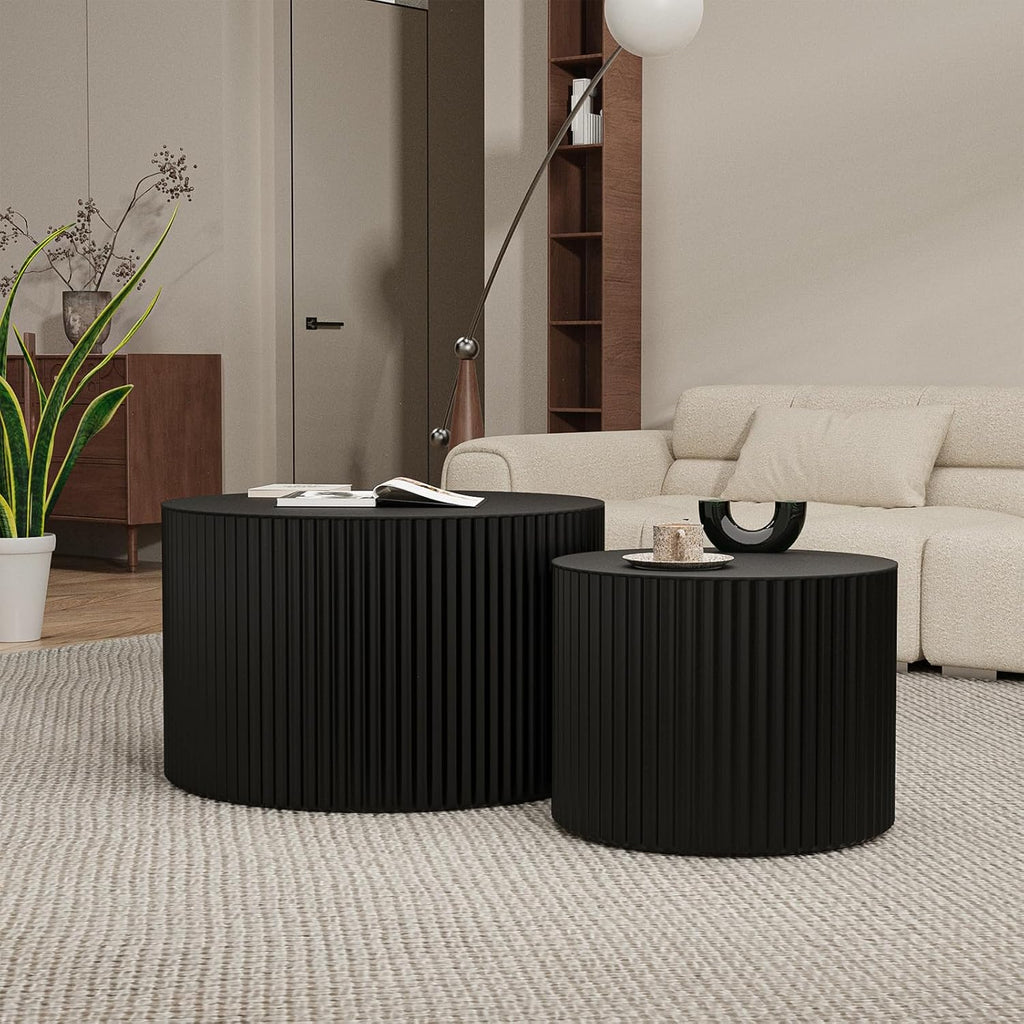 Round Wood Coffee Table Set of 2 Modern Round Fluted Nesting Coffee Tables Handcrafted Wooden Circle Nesting Table for Living Room for Small Space (Black (D27.56+D19.69 inch))
