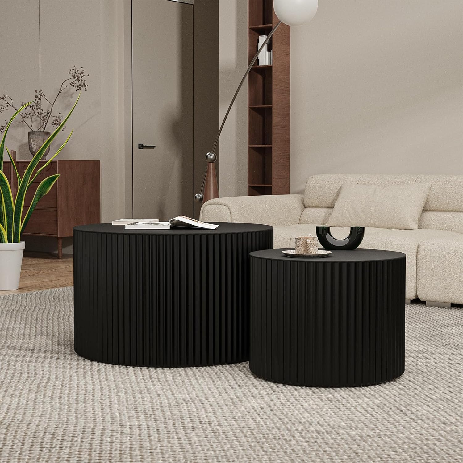 Round Wood Coffee Table Set of 2 Modern Round Fluted Nesting Coffee Tables Handcrafted Wooden Circle Nesting Table for Living Room for Small Space (Black (D27.56+D19.69 inch))