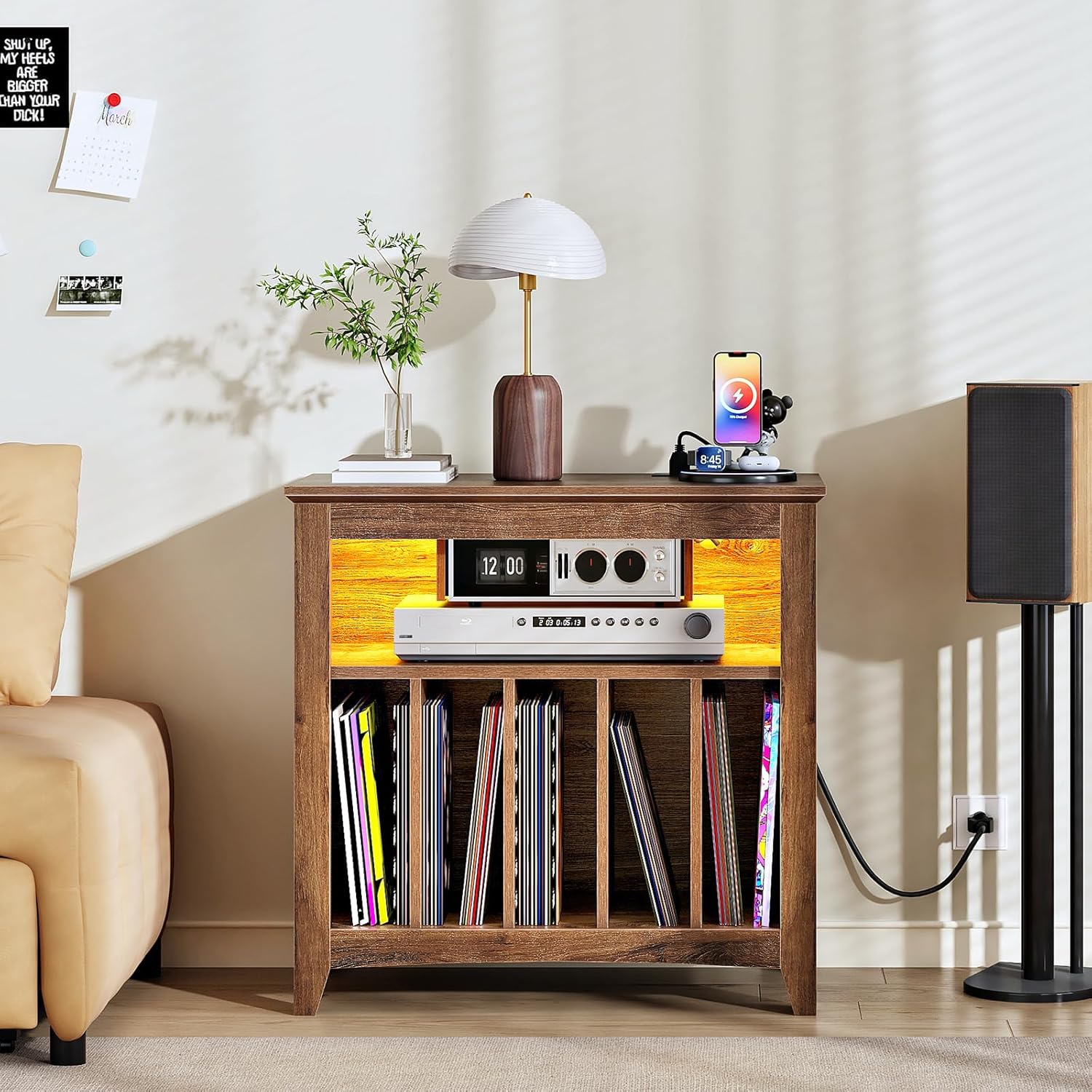 CHOEZON Record Player Stand with Charging Station and Light Strip, Vinyl Record Storage Holder, holds up to 200 Albums, Turntable Stand Display Shelf, for Living Room, Bedroom, Walnut MBZ09UDHT