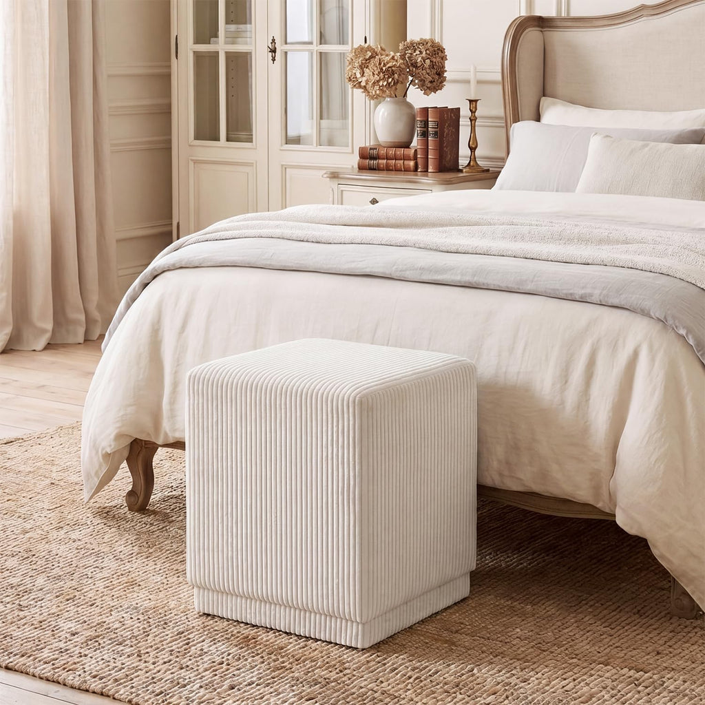 Homebeez Modern Square Ottoman, Vertical Channel Tufted Foot Stool Ottoman, Corduroy Velvet Upholstered Vanity Stool for Makeup, Bedroom, Living Room, Cream White
