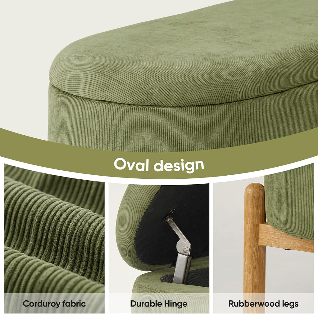 Storage Bench Ottoman With Hidden Storage And Corduroy Fabric, Green | Oval Upholstered Bench For Bedroom, Living Room, Entryway, Or Under Window With Soft Seat, Safety Hinge, And Wood Legs