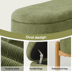 Storage Bench Ottoman With Hidden Storage And Corduroy Fabric, Green | Oval Upholstered Bench For Bedroom, Living Room, Entryway, Or Under Window With Soft Seat, Safety Hinge, And Wood Legs