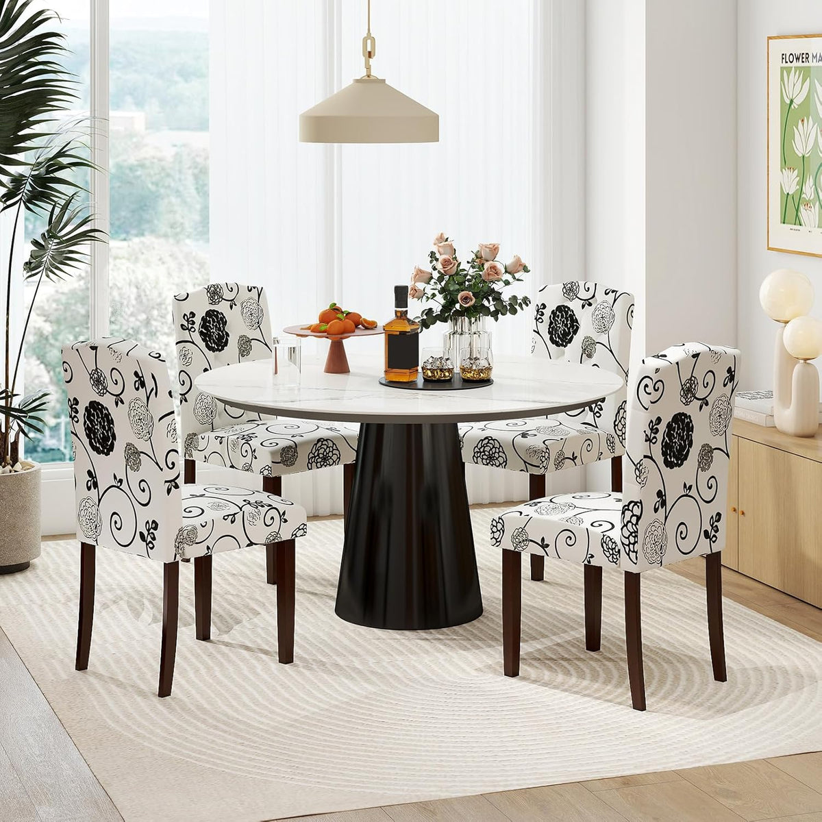 GOFLAME Upholstered Dining Chairs Set of 2, Button Tufted Fabric Upholstered Parson Chairs with Rubber Wood Legs, Padded Seat and High Curved Backrest, Armless Kitchen Chairs for Dining Room, Floral