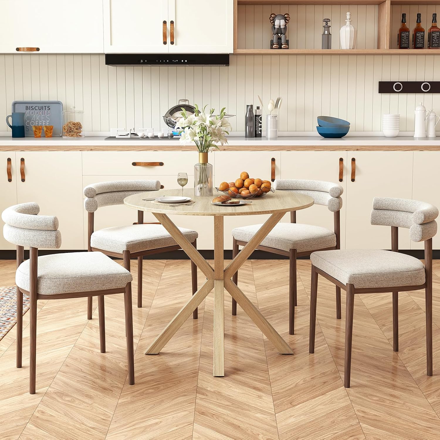Giantex 36" Round Dining Table for 4, Farmhouse Kitchen Table with Rubber Wood Legs, Adjustable Foot Pads, Dining Room Tables for Dinette, Small Space, Dinner, Living Room, Restaurant, Oak