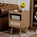 MECHYIN Night Stand Set 2, Nightstands Set of 2 with Charging Station, Rattan Side Tables with Solid Wood Legs, Boho Bedside End Table for Apartment Bedroom Dorm Small Space