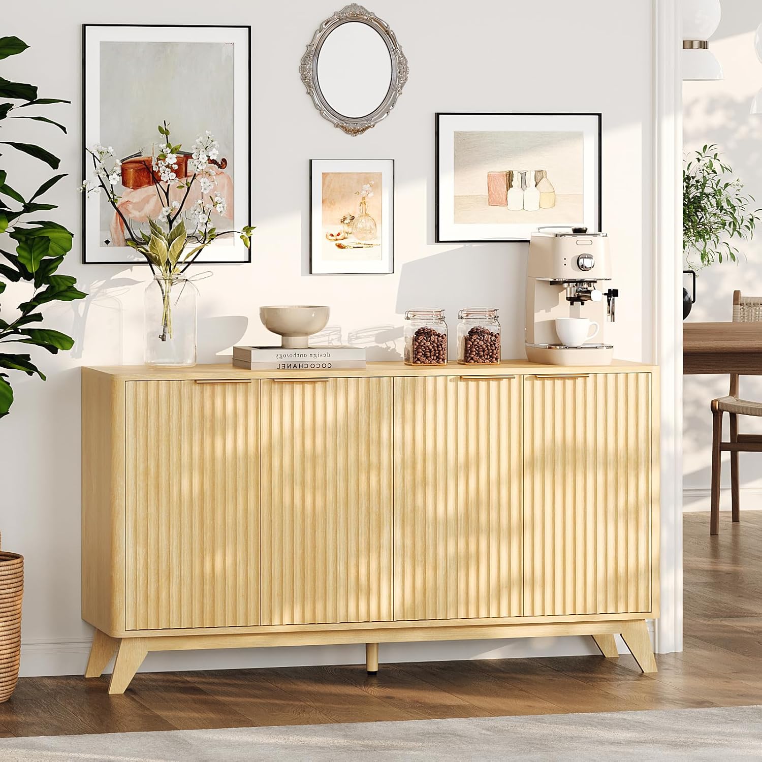 VINGLI 55" Buffet Cabinet with Storage, Fluted 4 Doors Sideboard Cabinet with Adjustable Shelves, Modern Storage Cabinet with Doors for Kitchen, Dining Room & Living Room, Natural Oak