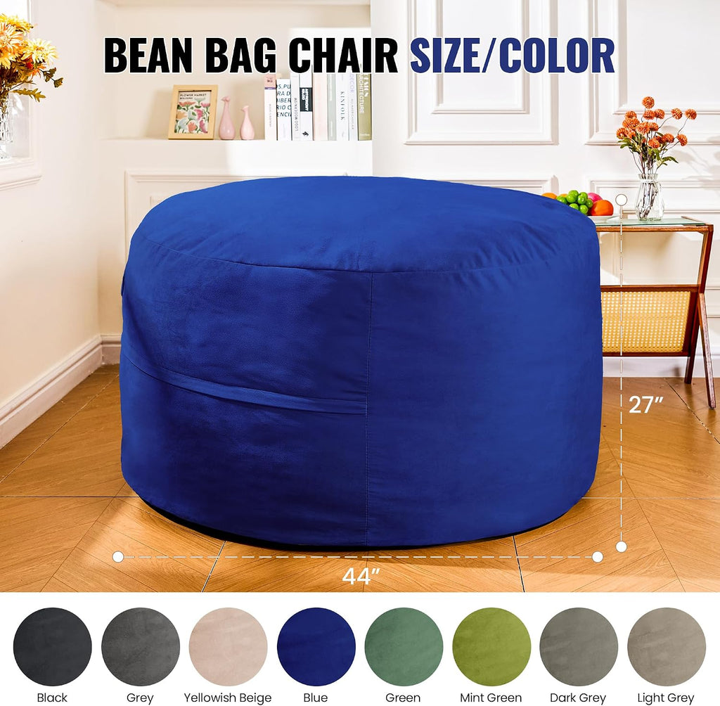 4FT Giant Bean Bag Chair for Adults and Teens - Large Bean Bag Sofa with Premium Velvet Cover & High-Density Support Foam - Fluffy Lounge Chair for Gaming, Bedroom, Dorm (Blue, Taller Version)