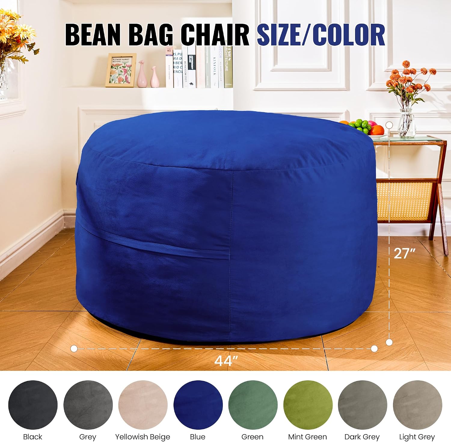 4FT Giant Bean Bag Chair for Adults and Teens - Large Bean Bag Sofa with Premium Velvet Cover & High-Density Support Foam - Fluffy Lounge Chair for Gaming, Bedroom, Dorm (Blue, Taller Version)