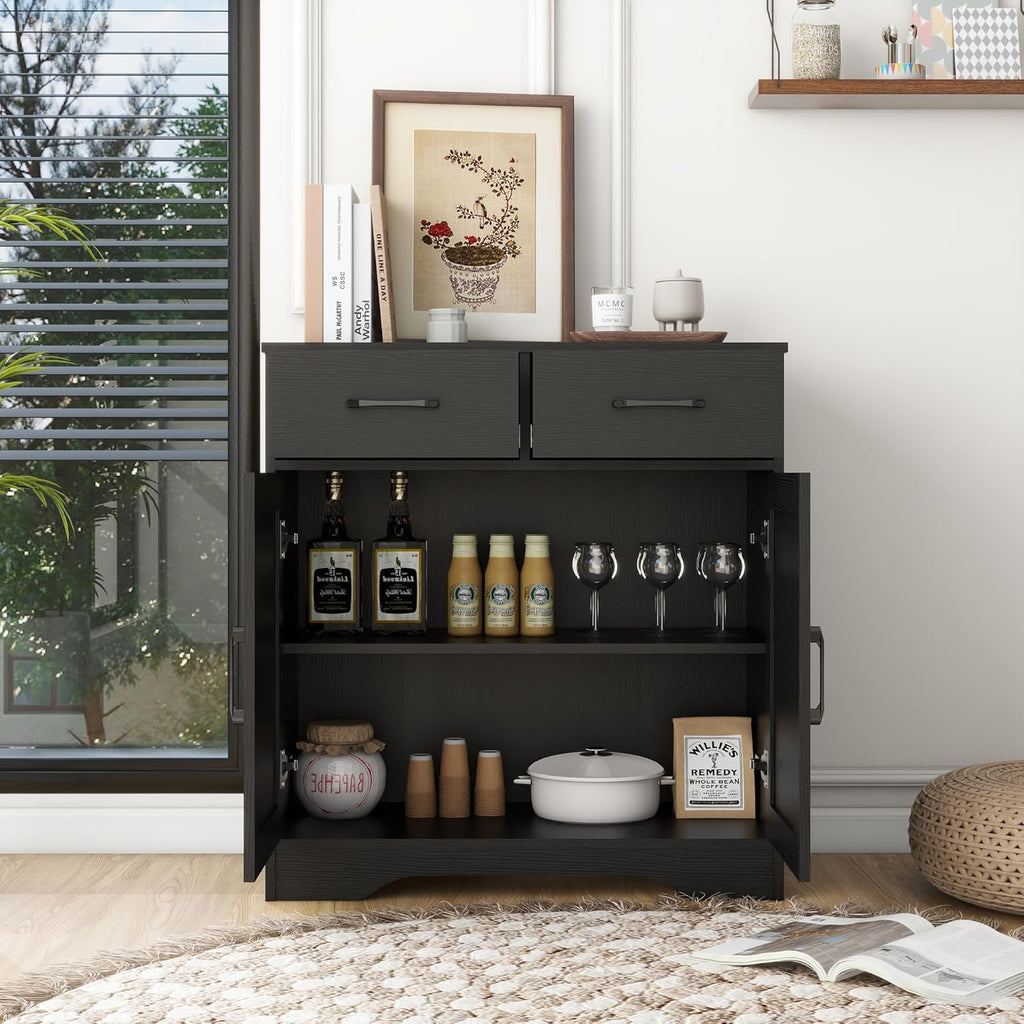 Panana Sideboard 2 Drawers 2 Doors Entryway Storage Cabinet Living Room Organizer Farmhouse Style Wooden Kitchen Cupboard (Black)