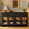 Buffet Cabinet with Storage and LED Light, 55” Sideboard Buffet Cabinet with 4 Glass Doors & 2 Drawers & Adjustable, Modern Credenza Coffee Bar Cabinets Buffets Table for Kitchen, Dining Room, Black