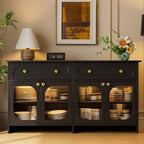 Buffet Cabinet with Storage and LED Light, 55” Sideboard Buffet Cabinet with 4 Glass Doors & 2 Drawers & Adjustable, Modern Credenza Coffee Bar Cabinets Buffets Table for Kitchen, Dining Room, Black
