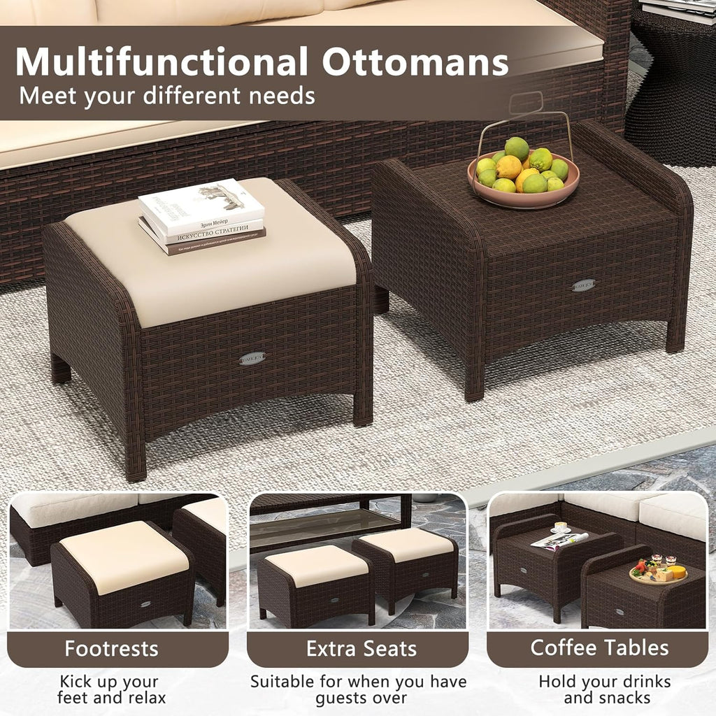 RELAX4LIFE Wicker Outdoor Ottomans for Patio - Set of 2 Rattan Footstools w/Removable Cushions, Multipurpose Outside Foot Rest, Side Table & Additional Seating for Porch Garden Backyard (Beige)