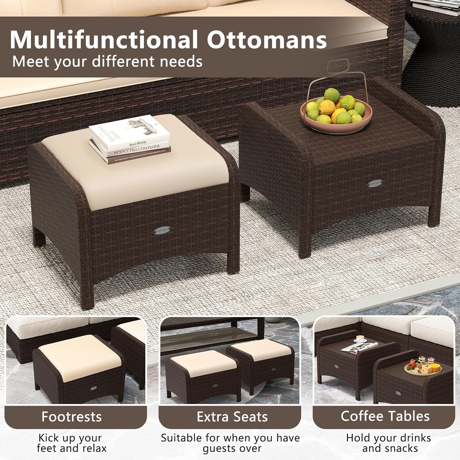 RELAX4LIFE Wicker Outdoor Ottomans for Patio - Set of 2 Rattan Footstools w/Removable Cushions, Multipurpose Outside Foot Rest, Side Table & Additional Seating for Porch Garden Backyard (Beige)