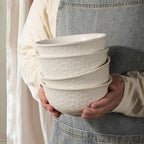Cereal Bowls Set of 4 - Ceramic Soup Bowls for Kitchen 30 Oz Embossment White Breakfast Bowls for Rice, Pasta, Fruits, Salad, Ramen, 6.25 Inch, Dishwasher & Microwave Safe (Snowflake)