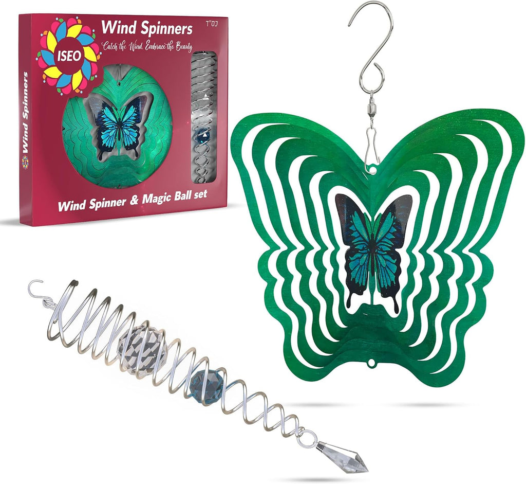 ISEO Butterfly Wind Spinner for Yard and Garden with Gazing Ball Set, Hanging Outdoor Decor, Yard Art, Porch and Patio Decorations, Metal Wind Spinners Outdoor, Weather Resistant, 6.5”