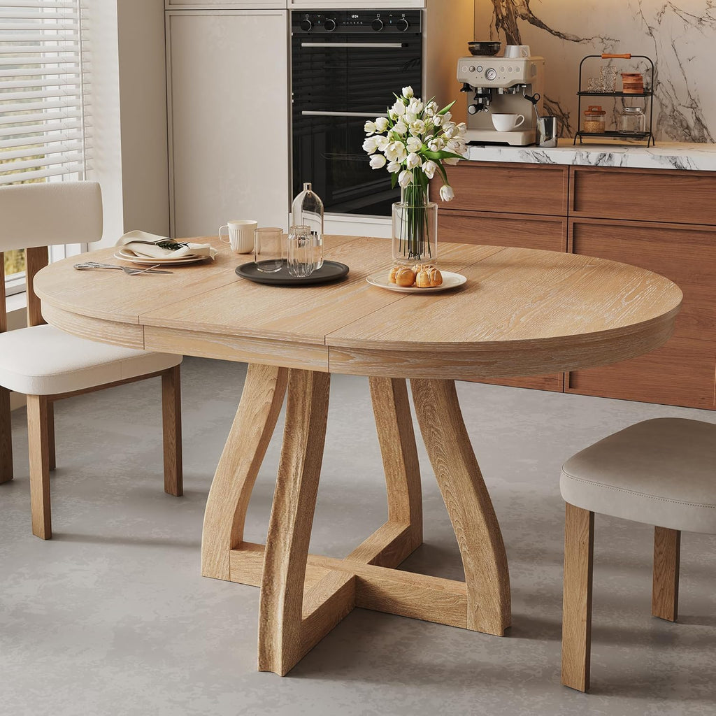 LUMISOL Extendable Round Dining Table for 4-6 People, Farmhouse Kitchen Table with 16” Middle Leaf and Curved Table Legs for Kitchen, Dining Room, Apartment, Natural Wood Wash
