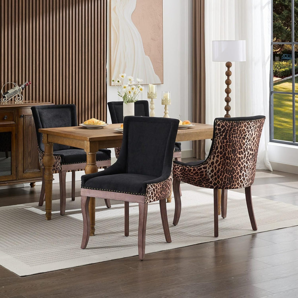 LKTART Upholstered Dining Chairs Set of 2, Solid Wood Kitchen Dining Room Chairs with Thicken Padded and Nailhead Trim for Home Kitchen Bedroom Black and Leopard