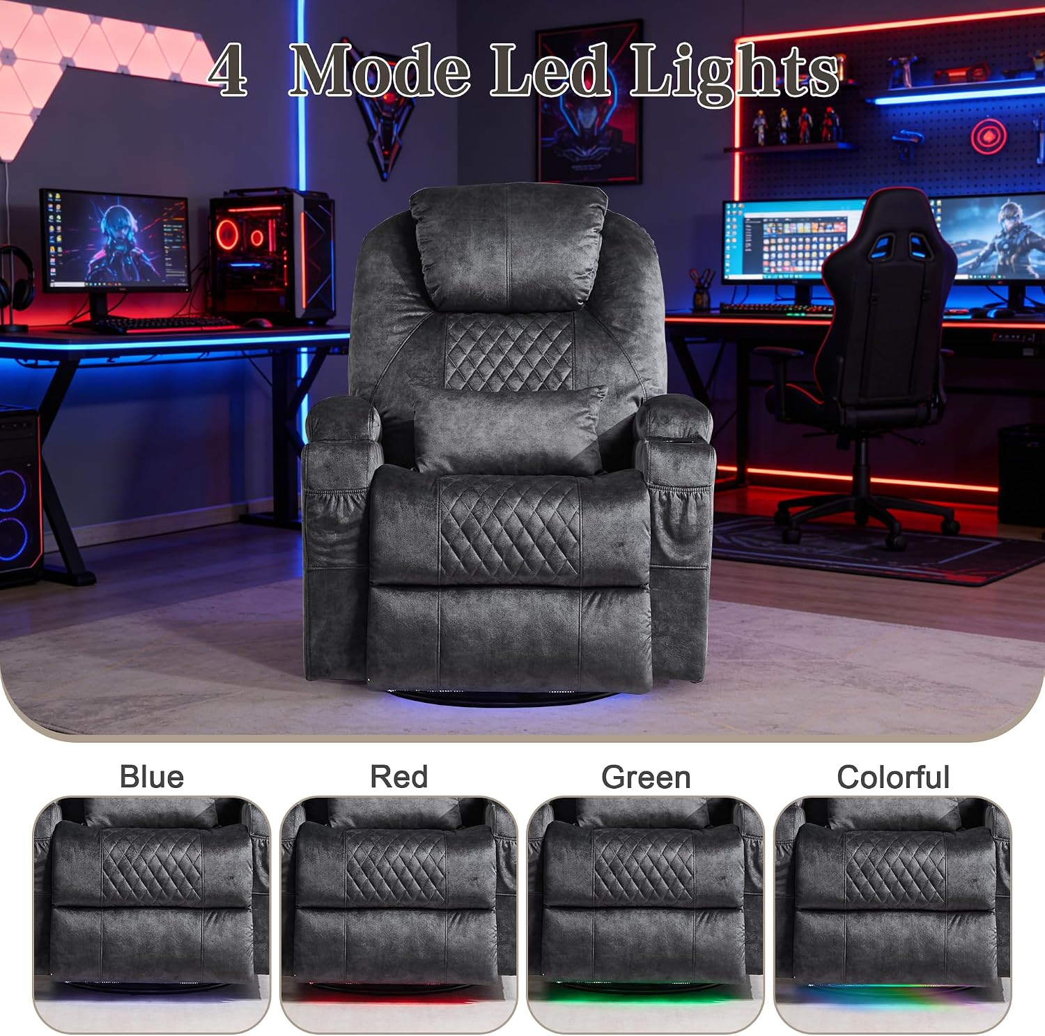AHMED Dual Motor Power Swivel Rocker Recliner Chair, Velvet Grey | Electric Glider Rocking Chair, Massage & Heat, Cup Holders, LED Lights, USB A/USB C Ports