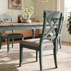 Roundhill Furniture Prato 6-Piece Dining Set, Dining Table with 4 Cross Back Chairs and Bench, Antique Blue and Distressed Walnut Finish